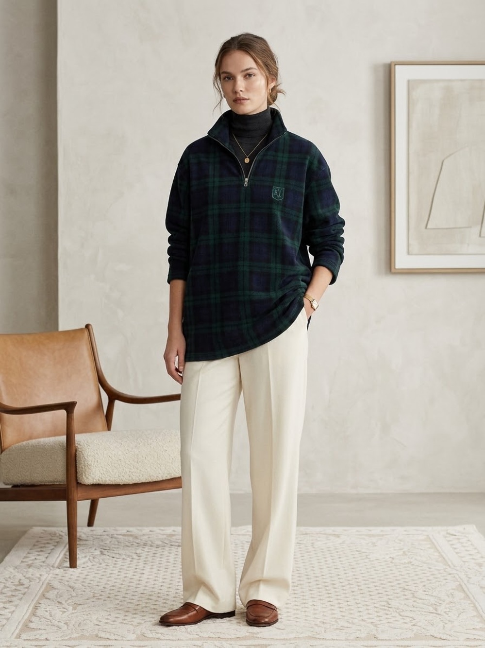 LAUREN Ralph Lauren Vintage Oversized Plaid Fleece Quarter Zip S Preppy Academia